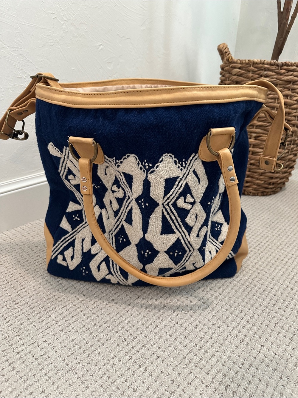 Noonday Collection Navy and Tan Embroidered Tote